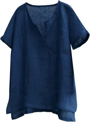 Mens V-Neck Henley Shirt Short Sleeve Collarless T Shirt Cotton Linen Solid Color Shirts Plus Size Fit Flowy Beach Tops