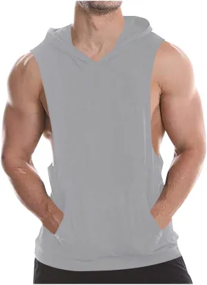 Mens Workout Hooded Tank Tops Bodybuilding Muscle Cut Off Tshirt Sports Training Sleeveless Gym Hoodies Summer Casual