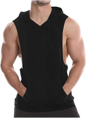 Mens Workout Hooded Tank Tops Bodybuilding Muscle Cut Off Tshirt Sports Training Sleeveless Gym Hoodies Summer Casual