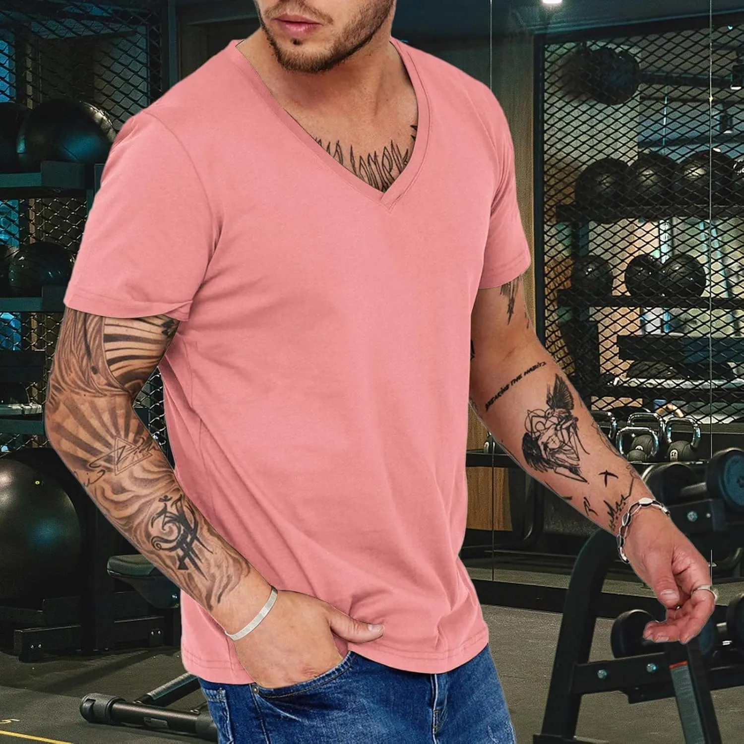 Men's Workout V Neck T Shirt Short Sleeve Breathable Stretch Athletic Training Muscle Shirt Moisture Wicking Gym Active Wear