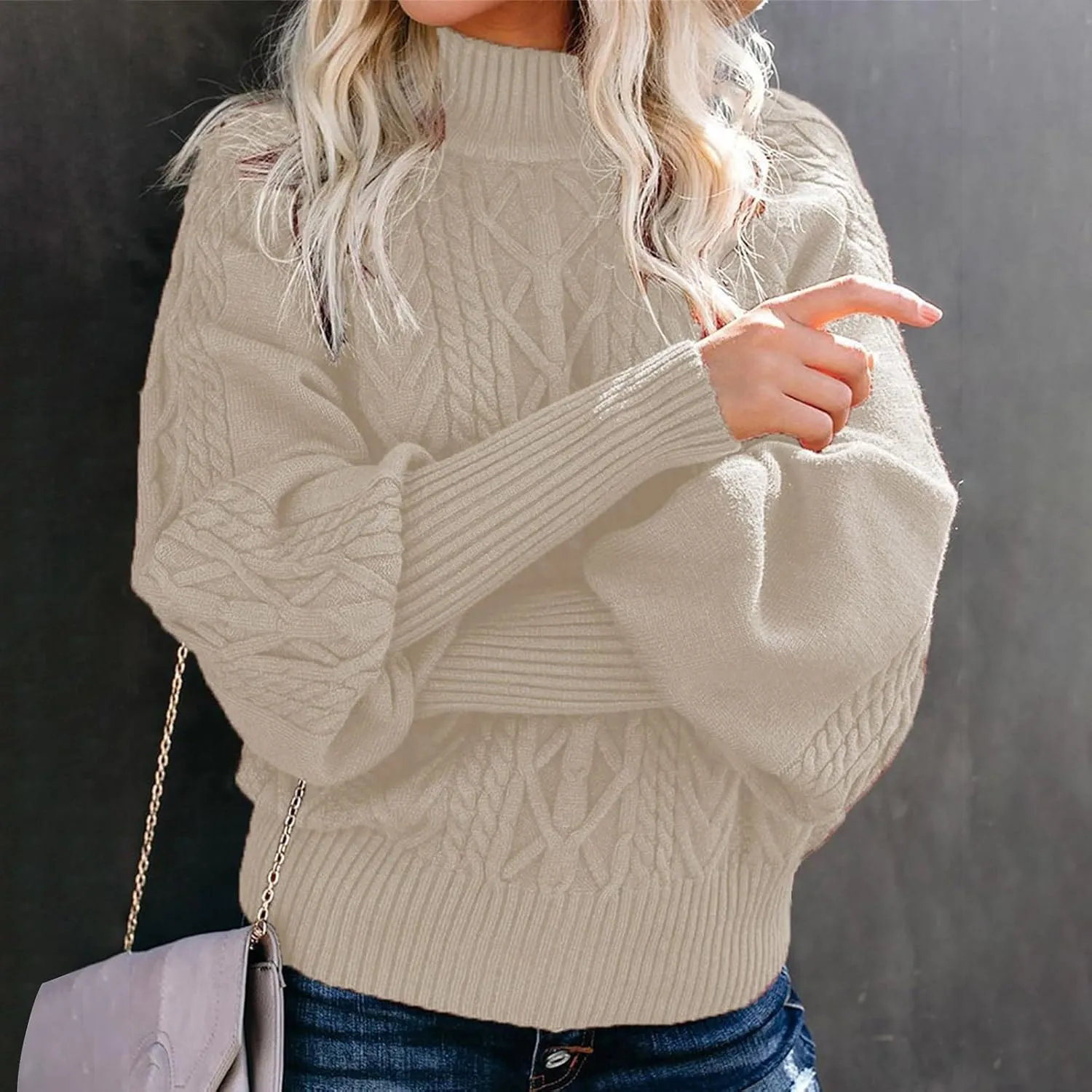 Mock Neck Sweater Women's Casual Long Sleeve Solid Color Cable Knit Fashion Ribbed Hem Fall Tops for Women