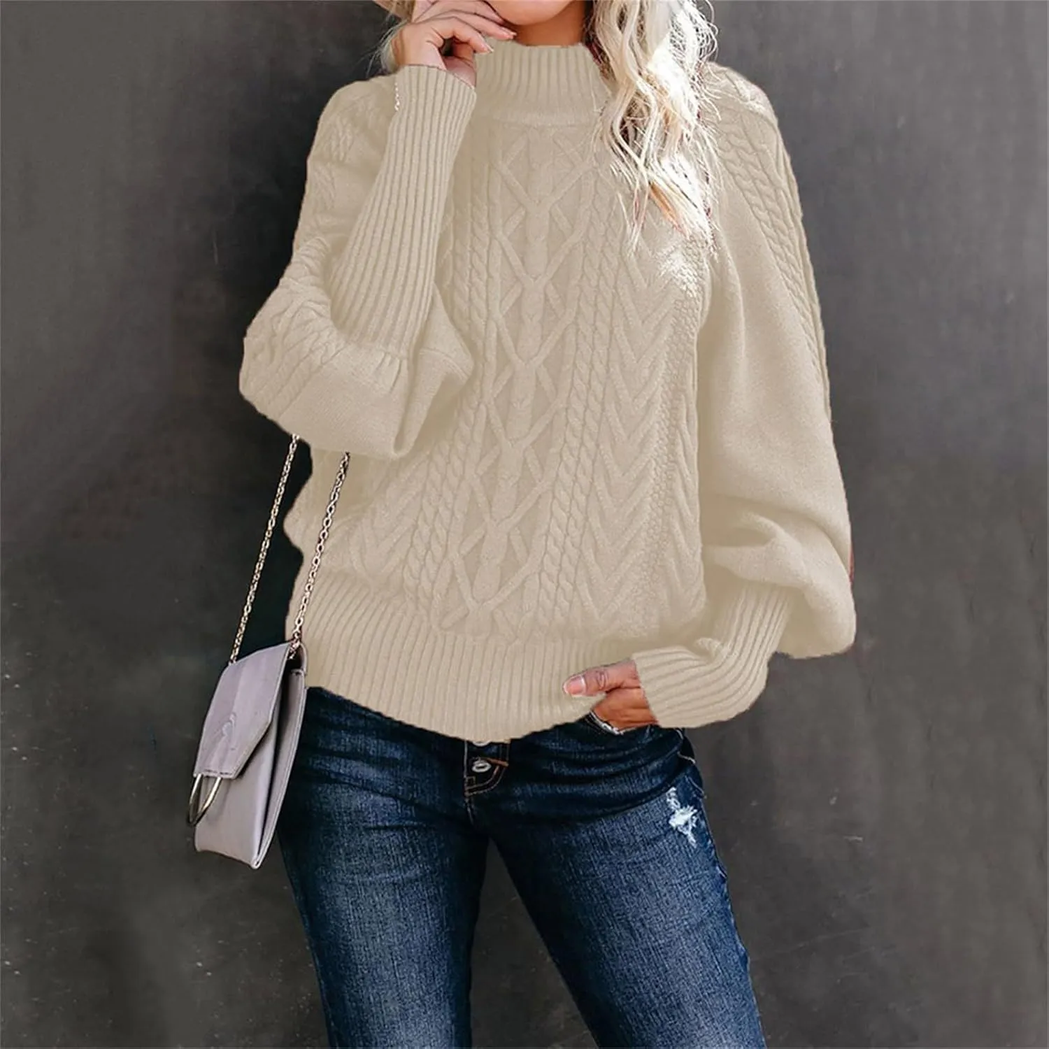 Mock Neck Sweater Women's Casual Long Sleeve Solid Color Cable Knit Fashion Ribbed Hem Fall Tops for Women