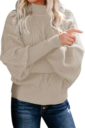Mock Neck Sweater Women's Casual Long Sleeve Solid Color Cable Knit Fashion Ribbed Hem Fall Tops for Women
