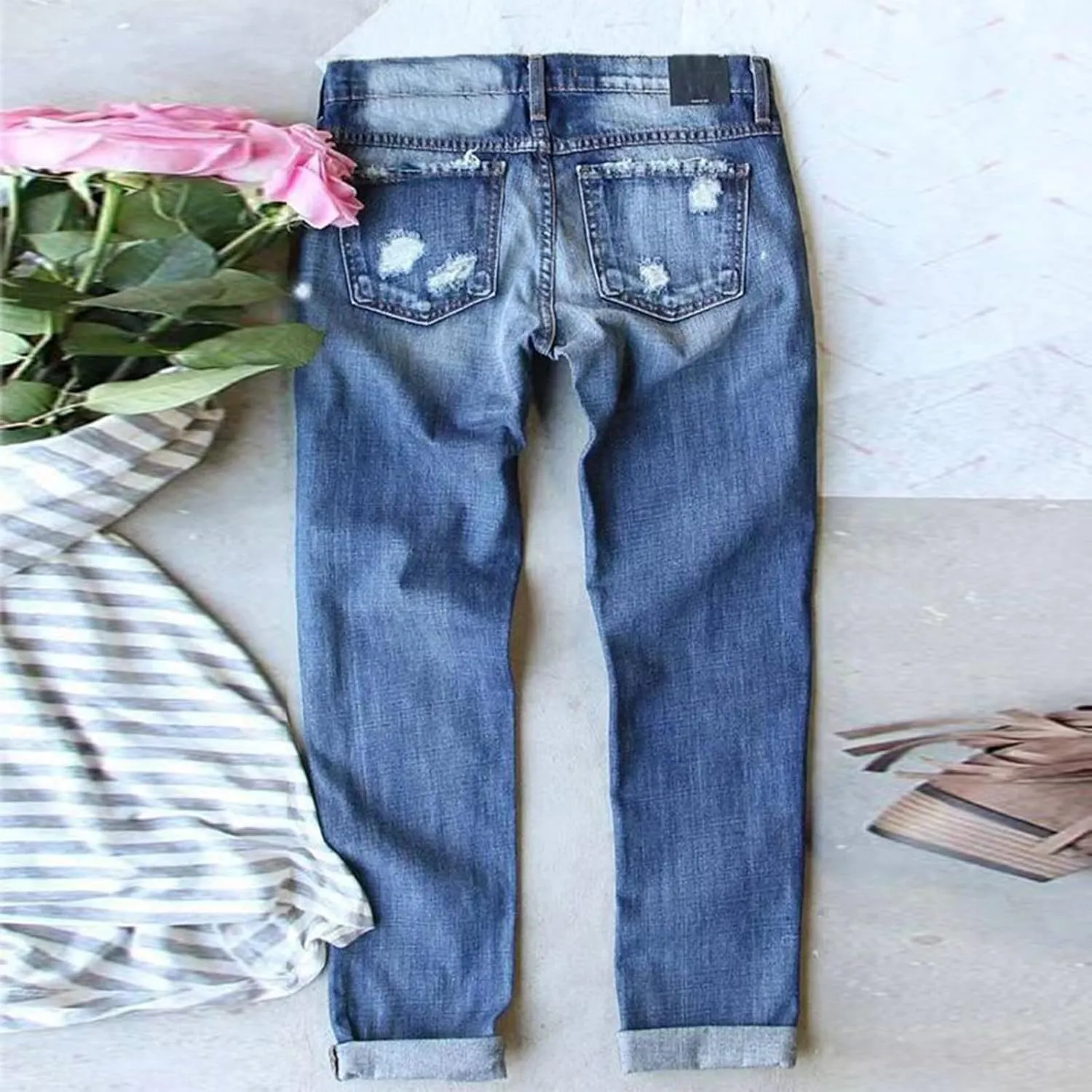 Muyise Womens Patchwork Stretch Boyfriend Distressed Ripped Jeans Sunflower Print Ripped Destroyed Denim Pants with Pockets