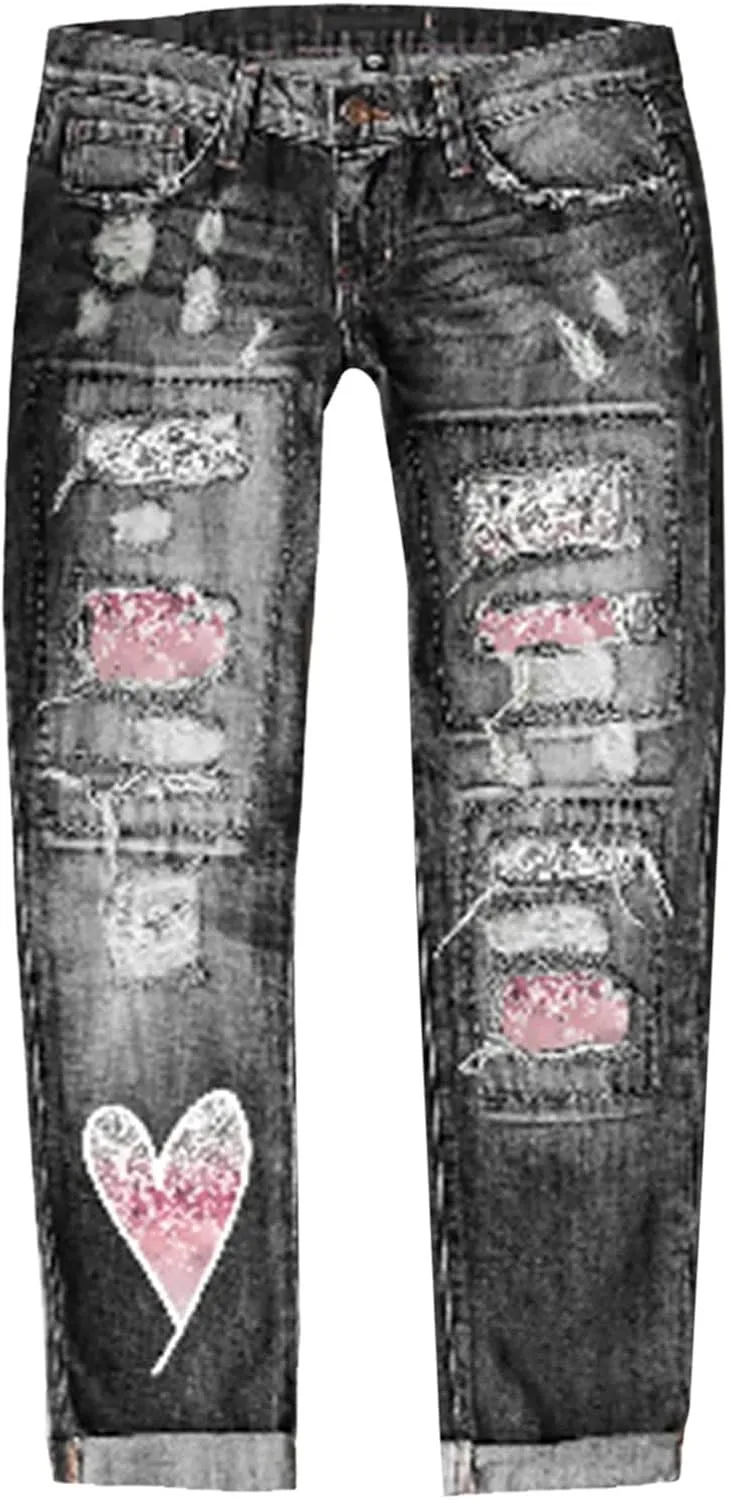 Muyise Womens Patchwork Stretch Boyfriend Distressed Ripped Jeans Sunflower Print Ripped Destroyed Denim Pants with Pockets