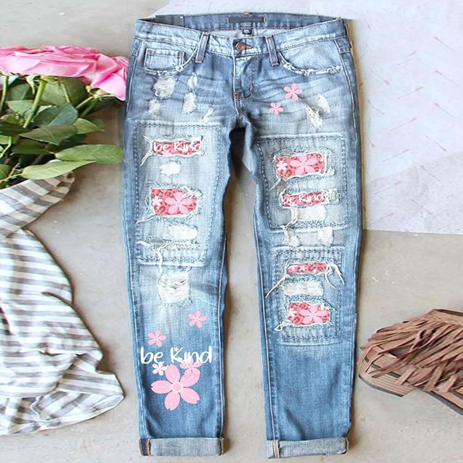 Muyise Womens Patchwork Stretch Boyfriend Distressed Ripped Jeans Sunflower Print Ripped Destroyed Denim Pants with Pockets