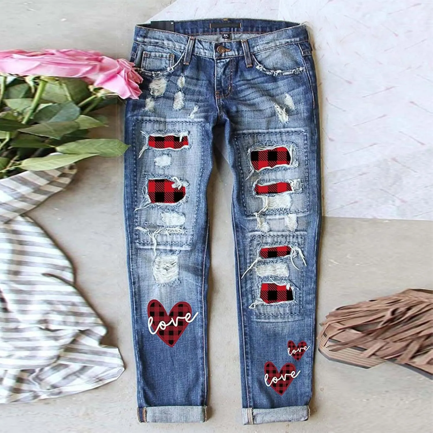 Muyise Womens Patchwork Stretch Boyfriend Distressed Ripped Jeans Sunflower Print Ripped Destroyed Denim Pants with Pockets