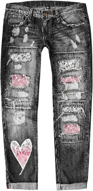 Muyise Womens Patchwork Stretch Boyfriend Distressed Ripped Jeans Sunflower Print Ripped Destroyed Denim Pants with Pockets