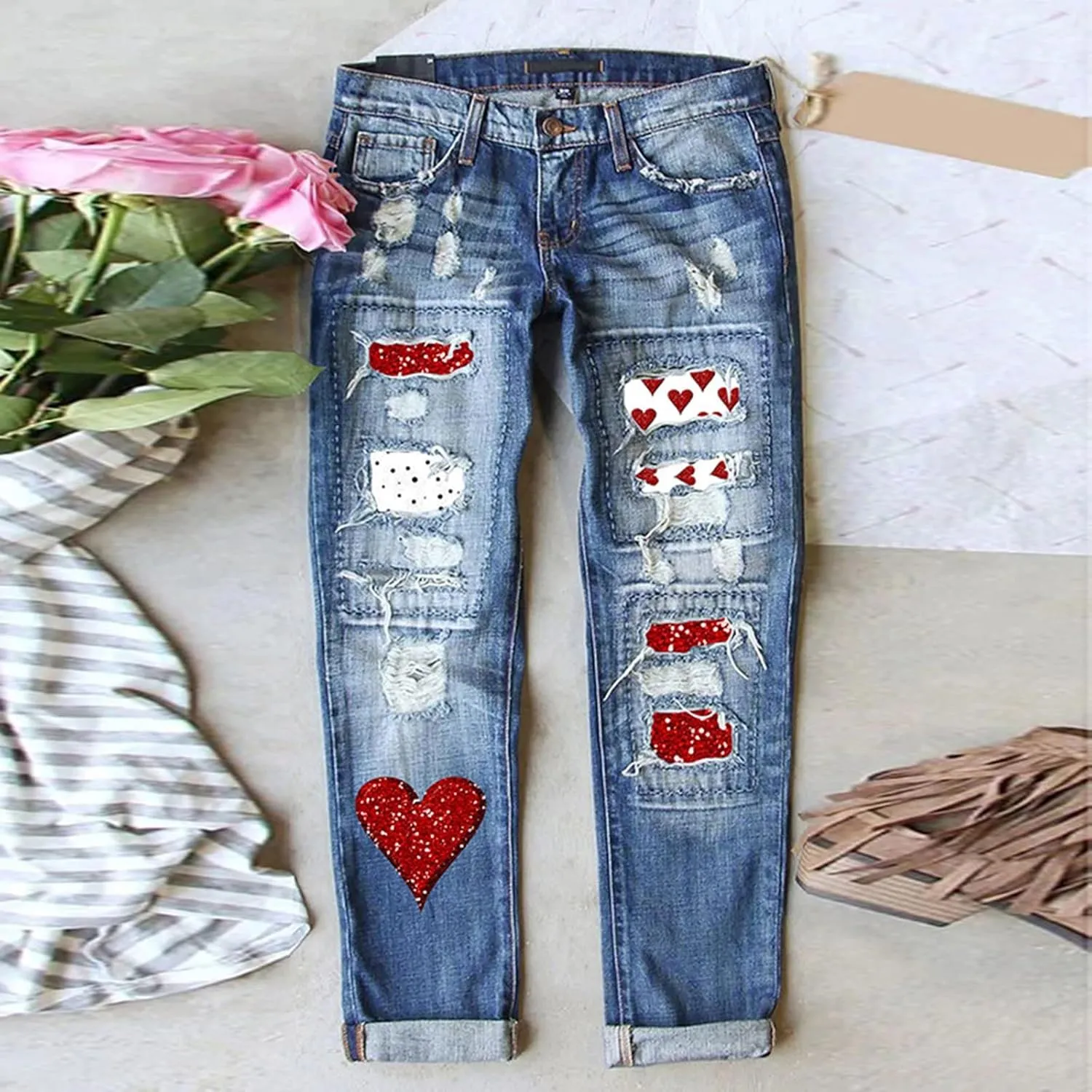 Muyise Womens Patchwork Stretch Boyfriend Distressed Ripped Jeans Sunflower Print Ripped Destroyed Denim Pants with Pockets