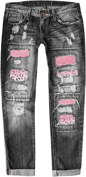 Muyise Womens Patchwork Stretch Boyfriend Distressed Ripped Jeans Sunflower Print Ripped Destroyed Denim Pants with Pockets
