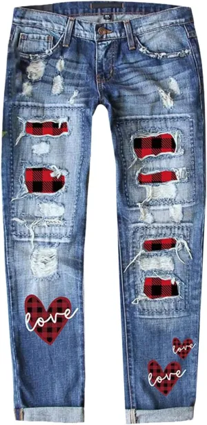 Muyise Womens Patchwork Stretch Boyfriend Distressed Ripped Jeans Sunflower Print Ripped Destroyed Denim Pants with Pockets