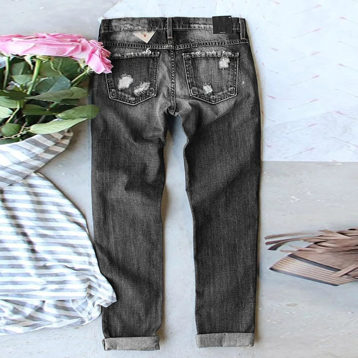 Muyise Womens Patchwork Stretch Boyfriend Distressed Ripped Jeans Sunflower Print Ripped Destroyed Denim Pants with Pockets