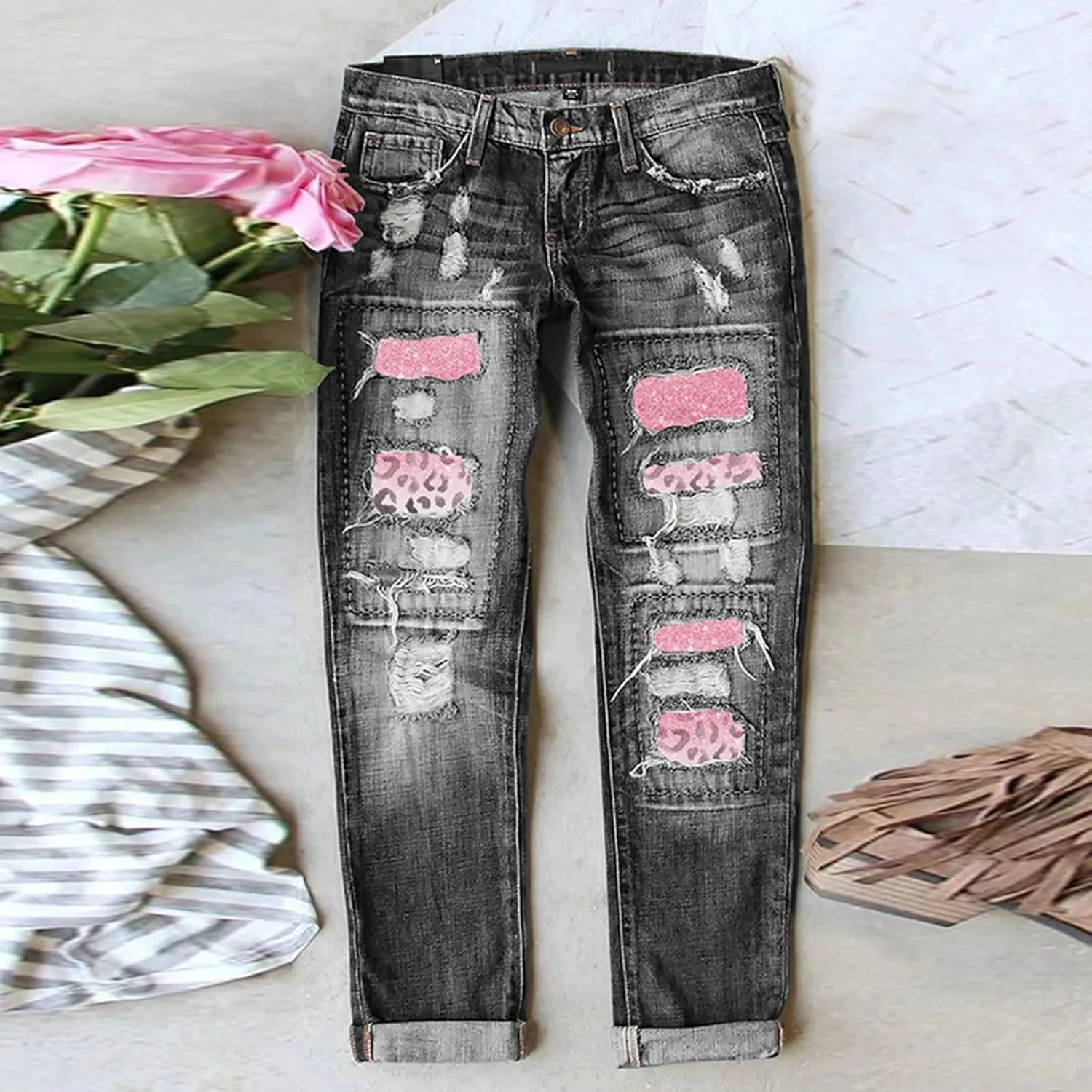 Muyise Womens Patchwork Stretch Boyfriend Distressed Ripped Jeans Sunflower Print Ripped Destroyed Denim Pants with Pockets
