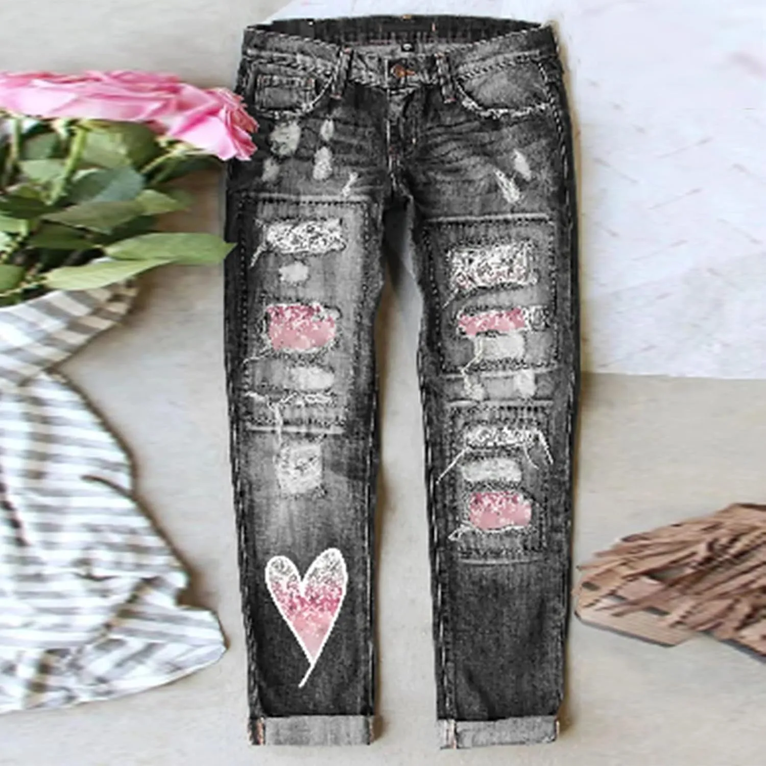 Muyise Womens Patchwork Stretch Boyfriend Distressed Ripped Jeans Sunflower Print Ripped Destroyed Denim Pants with Pockets