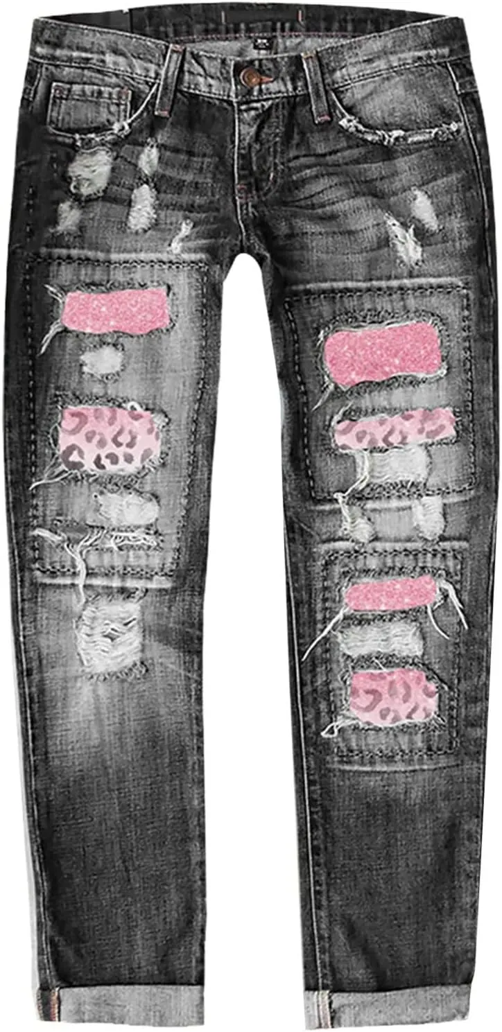 Muyise Womens Patchwork Stretch Boyfriend Distressed Ripped Jeans Sunflower Print Ripped Destroyed Denim Pants with Pockets