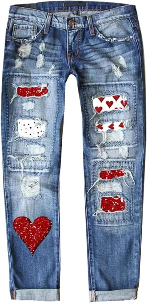 Muyise Womens Patchwork Stretch Boyfriend Distressed Ripped Jeans Sunflower Print Ripped Destroyed Denim Pants with Pockets