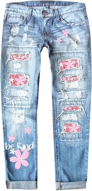 Muyise Womens Patchwork Stretch Boyfriend Distressed Ripped Jeans Sunflower Print Ripped Destroyed Denim Pants with Pockets