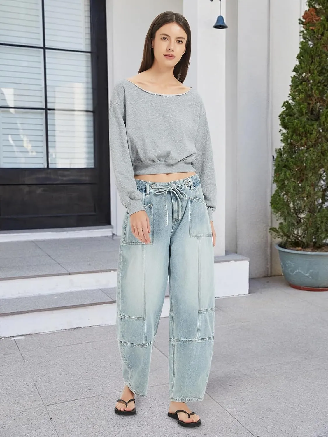 ONESO Women's Barrel Jeans Mid Waisted Wide Leg Boyfriend Jeans for Women Baggy Casual Denim Pants with Drawstring