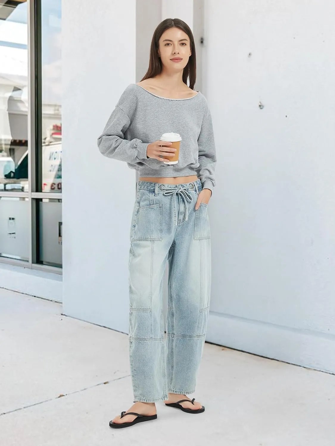 ONESO Women's Barrel Jeans Mid Waisted Wide Leg Boyfriend Jeans for Women Baggy Casual Denim Pants with Drawstring