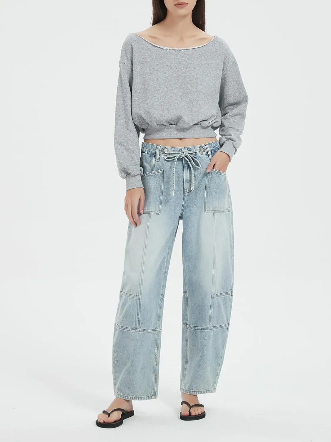 ONESO Women's Barrel Jeans Mid Waisted Wide Leg Boyfriend Jeans for Women Baggy Casual Denim Pants with Drawstring