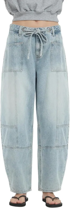 ONESO Women's Barrel Jeans Mid Waisted Wide Leg Boyfriend Jeans for Women Baggy Casual Denim Pants with Drawstring
