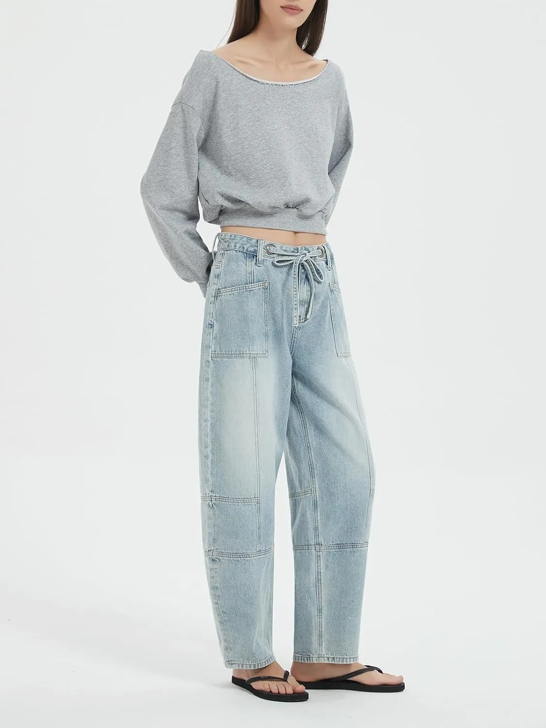 ONESO Women's Barrel Jeans Mid Waisted Wide Leg Boyfriend Jeans for Women Baggy Casual Denim Pants with Drawstring