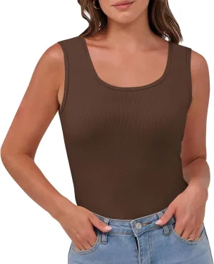 Oplxuo Women's Summer Tank Tops Square Neck Athletic Ribbed Knit Sleeveless T Shirts Slim Fit Gym Workout Cami Tee Blouses