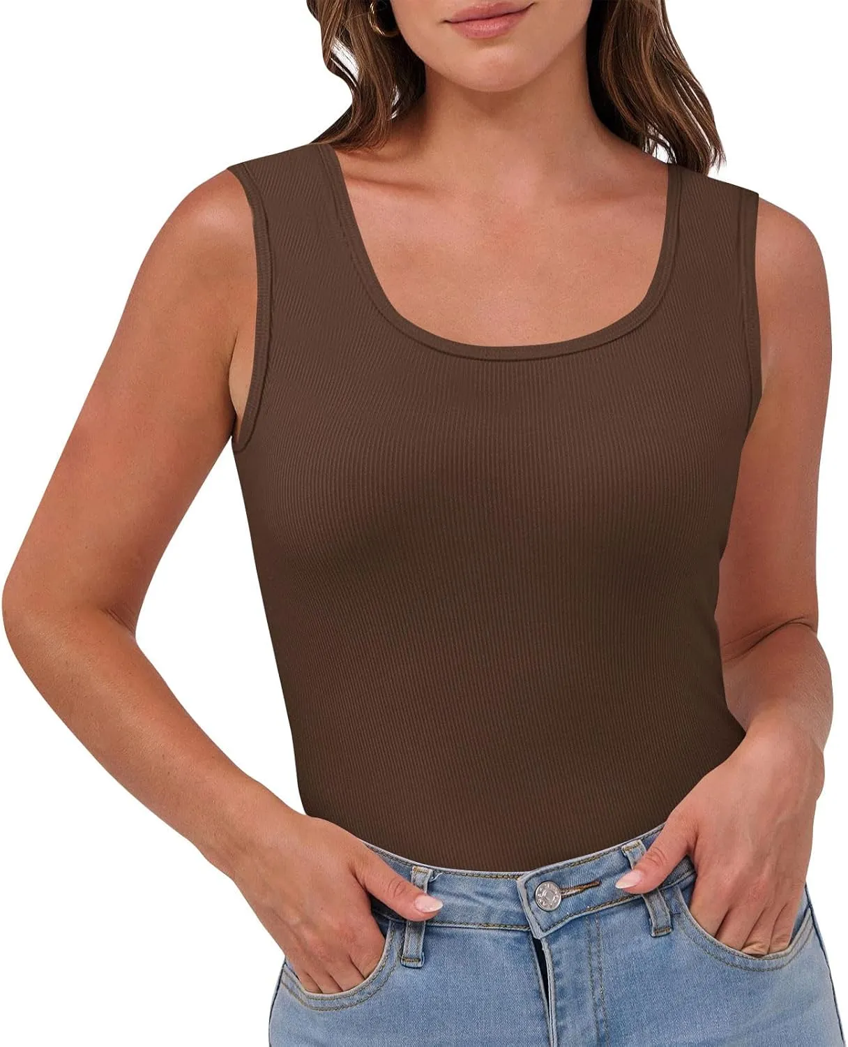 Oplxuo Women's Summer Tank Tops Square Neck Athletic Ribbed Knit Sleeveless T Shirts Slim Fit Gym Workout Cami Tee Blouses