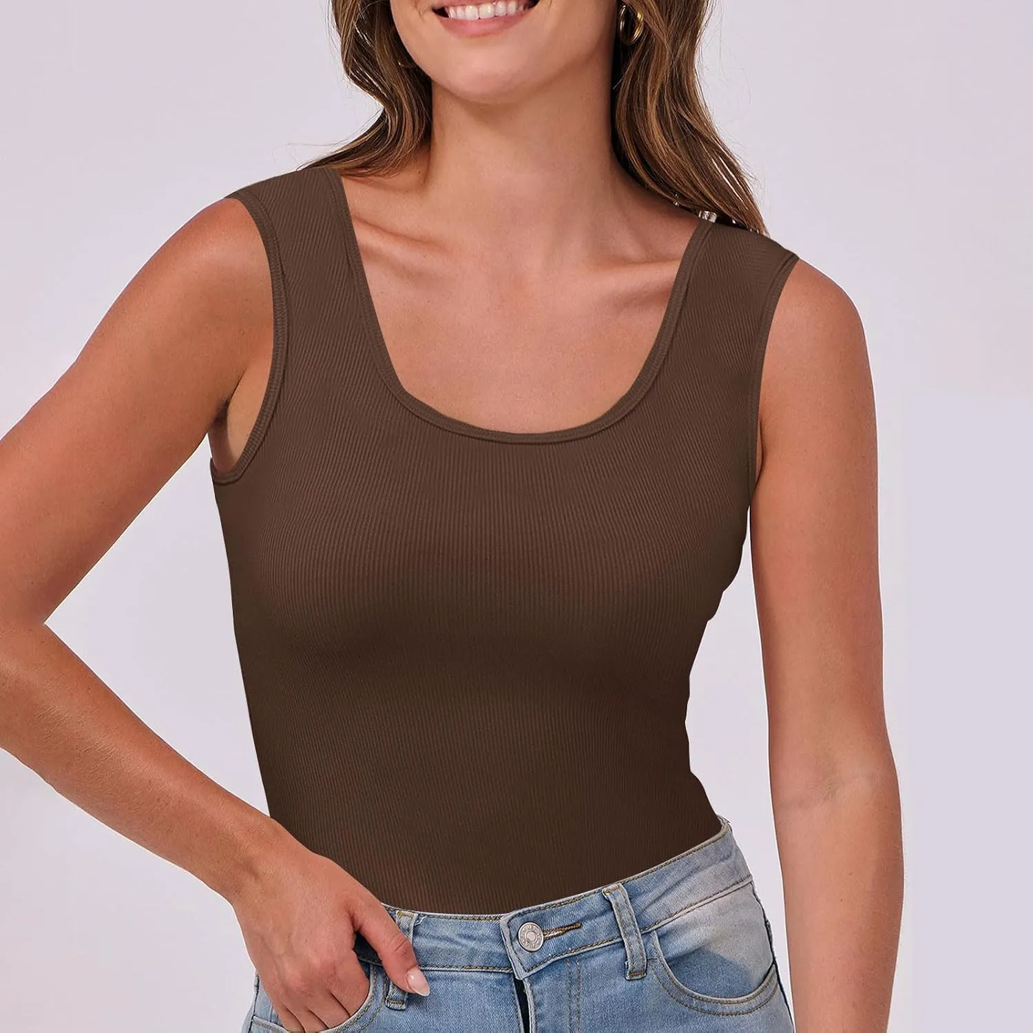 Oplxuo Women's Summer Tank Tops Square Neck Athletic Ribbed Knit Sleeveless T Shirts Slim Fit Gym Workout Cami Tee Blouses