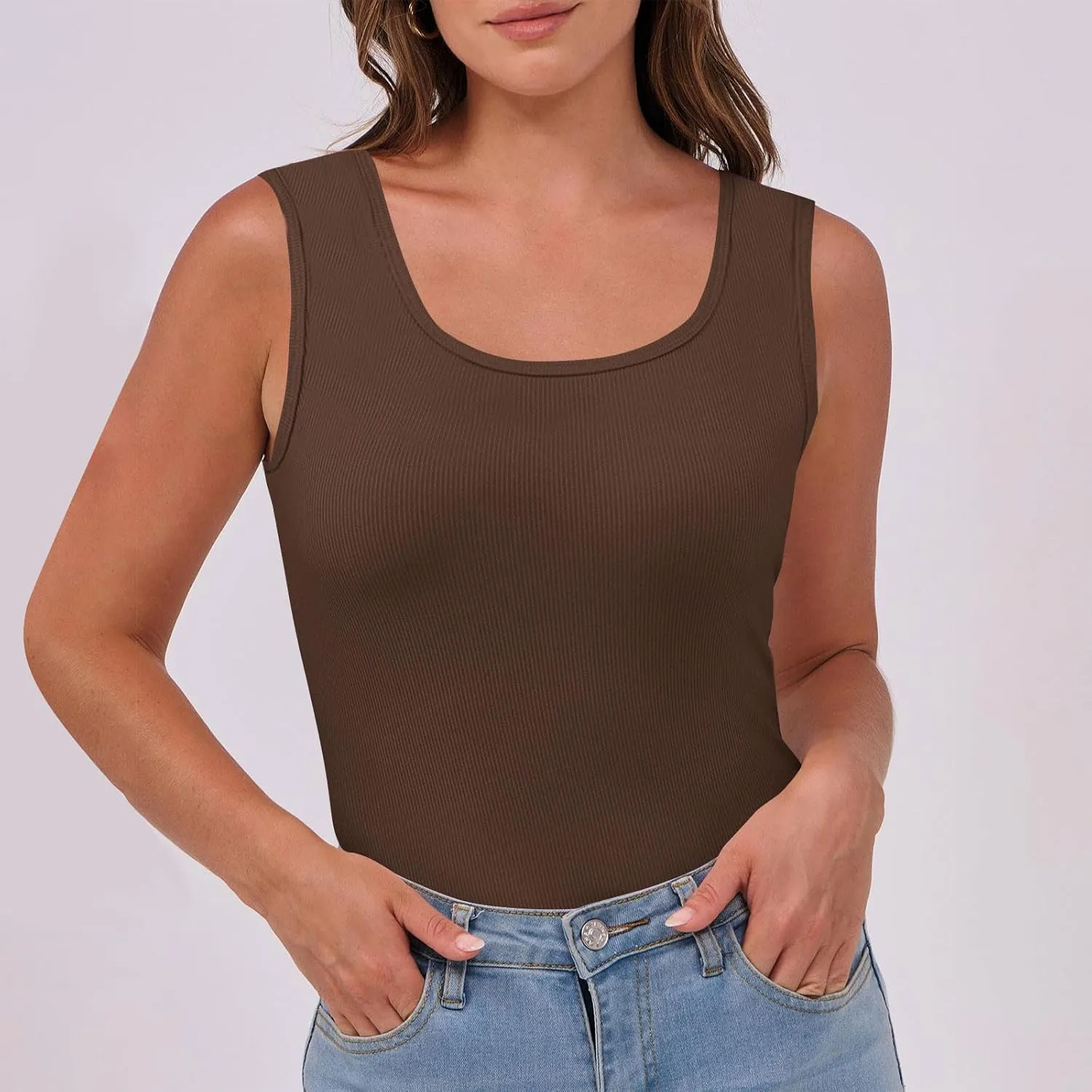 Oplxuo Women's Summer Tank Tops Square Neck Athletic Ribbed Knit Sleeveless T Shirts Slim Fit Gym Workout Cami Tee Blouses