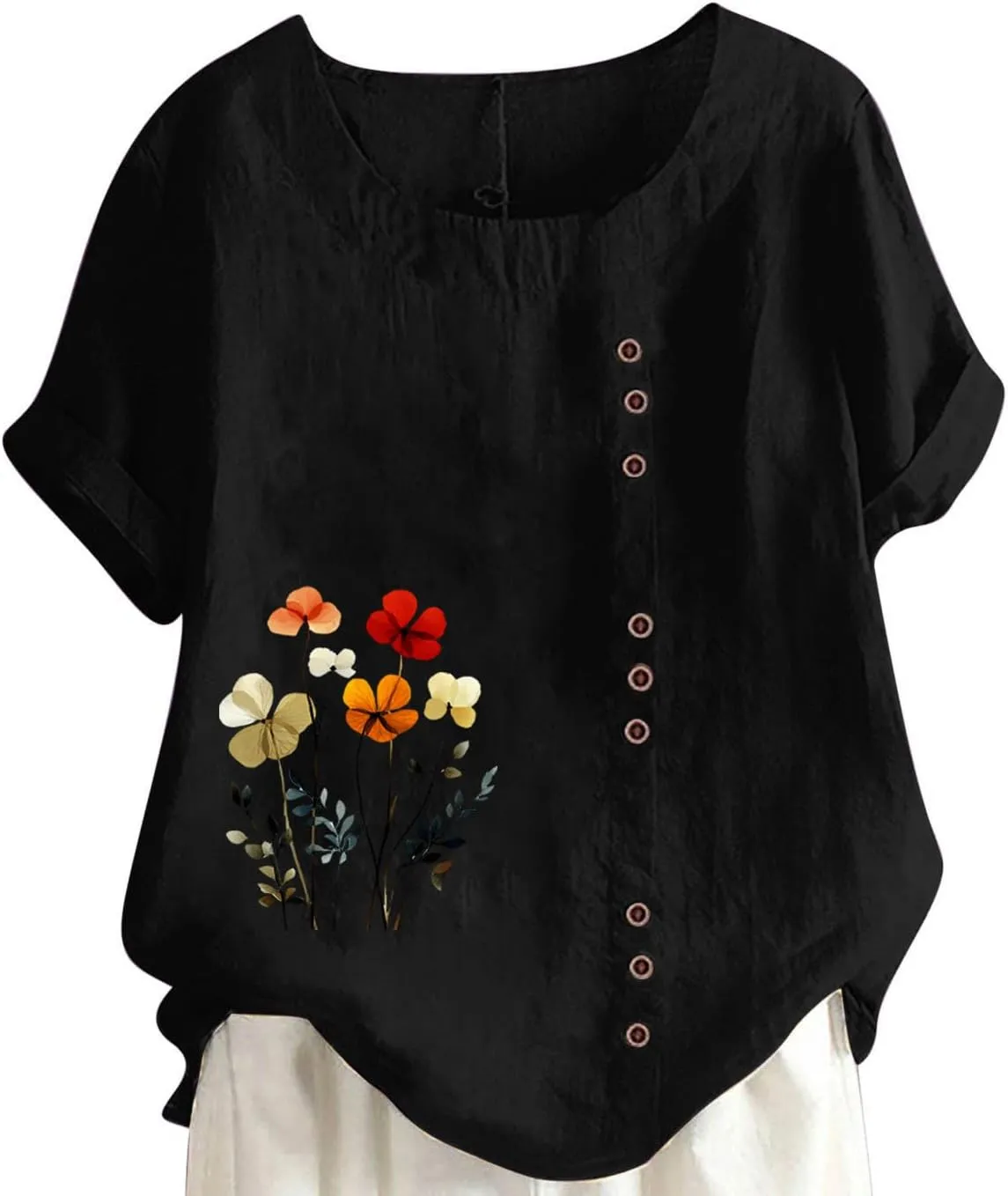 Oversized Cotton Linen Shirts for Women Trendy Floral Print Short Sleeve Tops Dressy Casual Crew Neck Summer Blouses