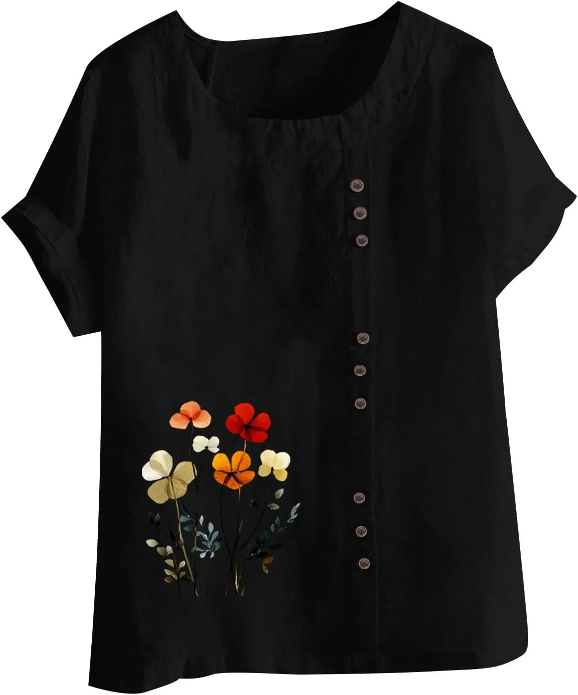 Oversized Cotton Linen Shirts for Women Trendy Floral Print Short Sleeve Tops Dressy Casual Crew Neck Summer Blouses