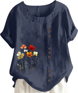 Oversized Cotton Linen Shirts for Women Trendy Floral Print Short Sleeve Tops Dressy Casual Crew Neck Summer Blouses