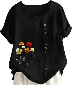 Oversized Cotton Linen Shirts for Women Trendy Floral Print Short Sleeve Tops Dressy Casual Crew Neck Summer Blouses