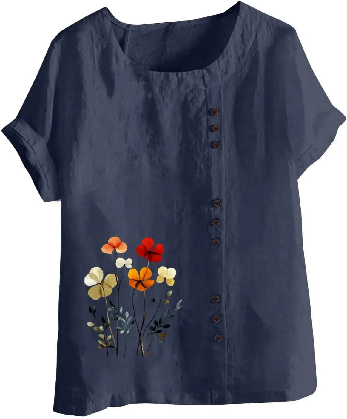 Oversized Cotton Linen Shirts for Women Trendy Floral Print Short Sleeve Tops Dressy Casual Crew Neck Summer Blouses