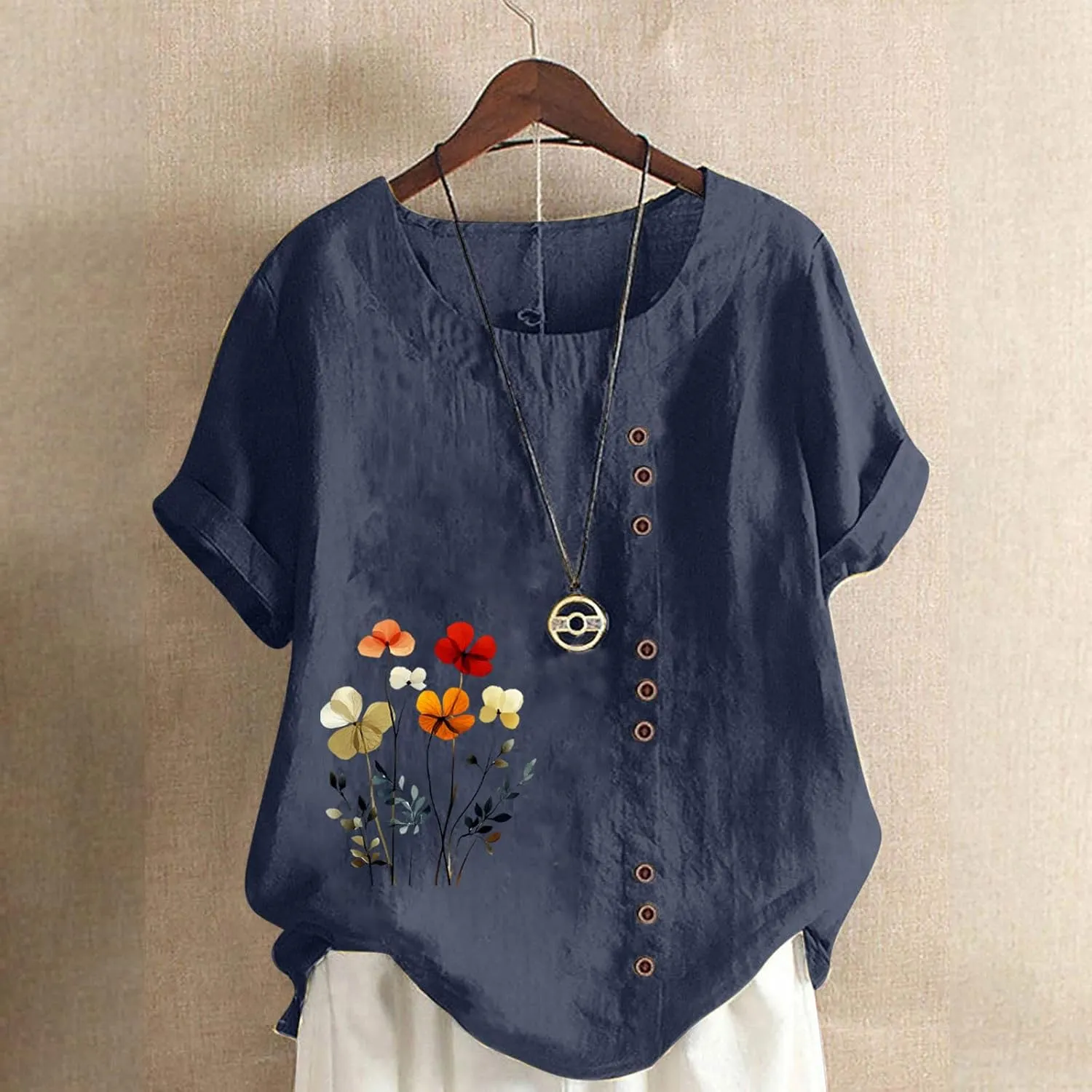 Oversized Cotton Linen Shirts for Women Trendy Floral Print Short Sleeve Tops Dressy Casual Crew Neck Summer Blouses