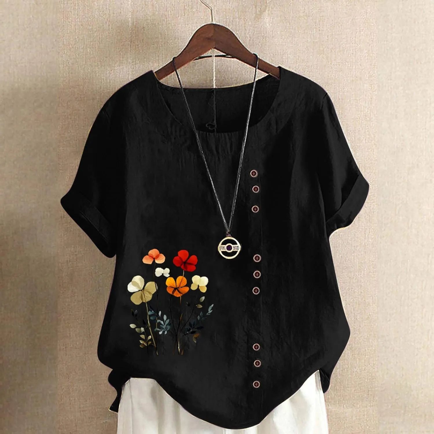 Oversized Cotton Linen Shirts for Women Trendy Floral Print Short Sleeve Tops Dressy Casual Crew Neck Summer Blouses
