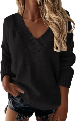 Oversized Sweater for Women Sexy Deep V Neck Cable Knit Sweaters Long Sleeve Loose Jumper Tunic Pullover Tops