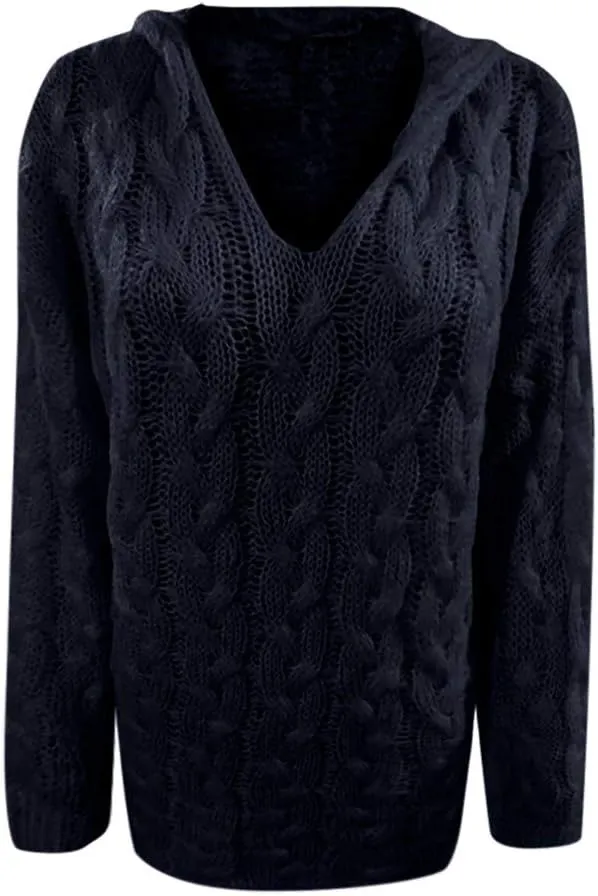 Oversized Sweaters Womens Chunky Cable Knit Pullover Hooded Sweaters V Neck Long Sleeve Loose Hoodies Knitwear Clothes