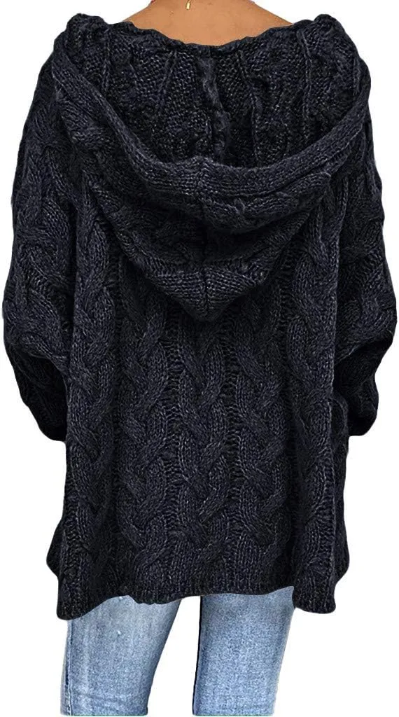 Oversized Sweaters Womens Chunky Cable Knit Pullover Hooded Sweaters V Neck Long Sleeve Loose Hoodies Knitwear Clothes