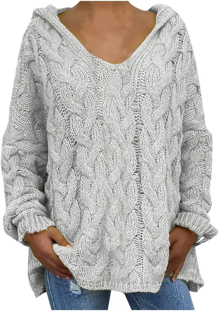 Oversized Sweaters Womens Chunky Cable Knit Pullover Hooded Sweaters V Neck Long Sleeve Loose Hoodies Knitwear Clothes