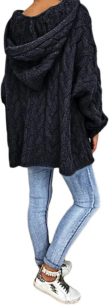 Oversized Sweaters Womens Chunky Cable Knit Pullover Hooded Sweaters V Neck Long Sleeve Loose Hoodies Knitwear Clothes