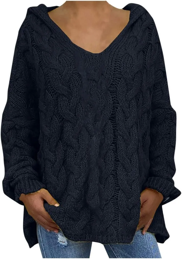 Oversized Sweaters Womens Chunky Cable Knit Pullover Hooded Sweaters V Neck Long Sleeve Loose Hoodies Knitwear Clothes
