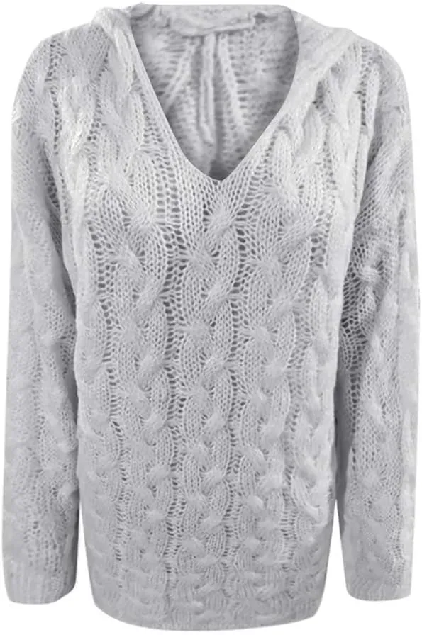 Oversized Sweaters Womens Chunky Cable Knit Pullover Hooded Sweaters V Neck Long Sleeve Loose Hoodies Knitwear Clothes