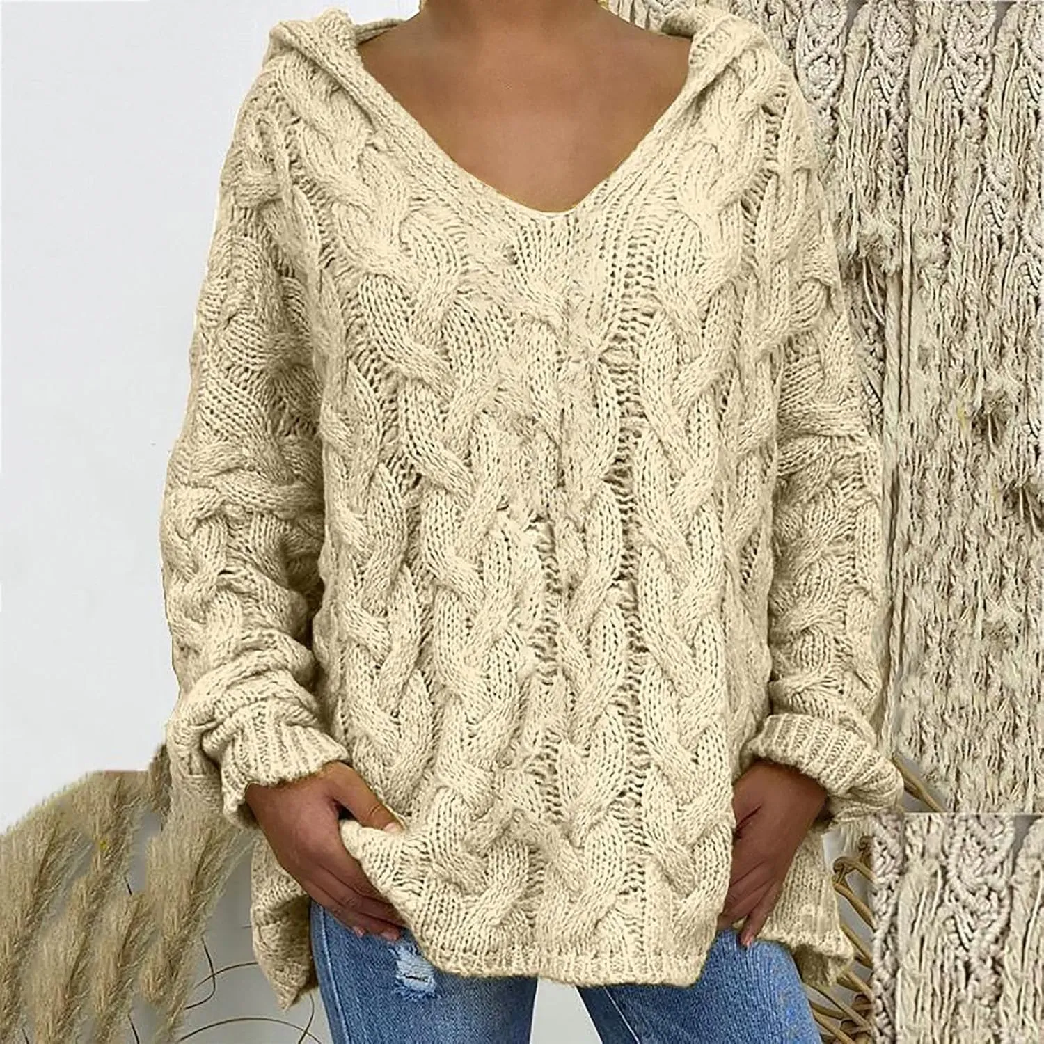 Oversized Sweaters Womens Chunky Cable Knit Pullover Hooded Sweaters V Neck Long Sleeve Loose Hoodies Knitwear Clothes