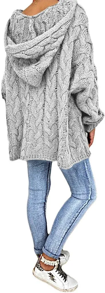 Oversized Sweaters Womens Chunky Cable Knit Pullover Hooded Sweaters V Neck Long Sleeve Loose Hoodies Knitwear Clothes
