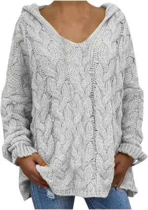 Oversized Sweaters Womens Chunky Cable Knit Pullover Hooded Sweaters V Neck Long Sleeve Loose Hoodies Knitwear Clothes