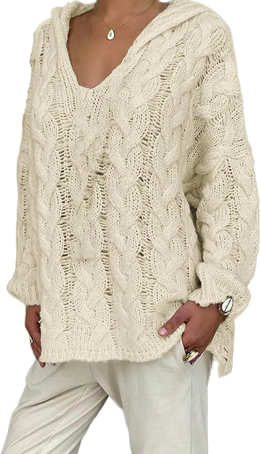 Oversized Sweaters Womens Chunky Cable Knit Pullover Hooded Sweaters V Neck Long Sleeve Loose Hoodies Knitwear Clothes