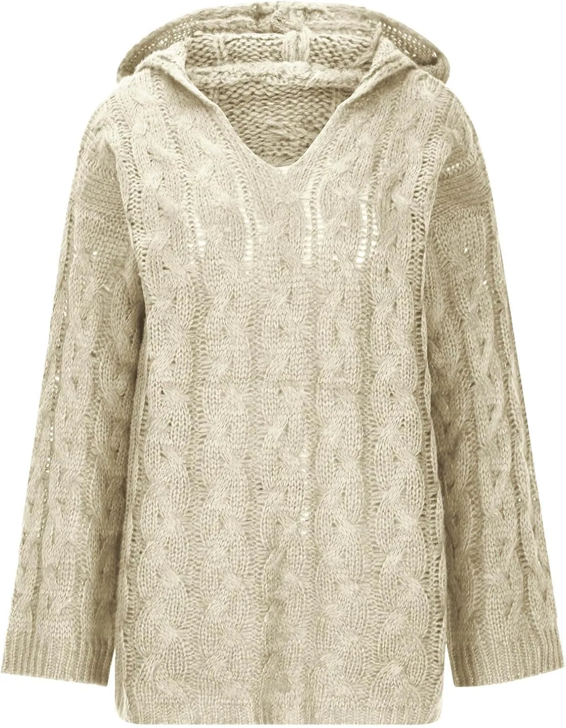 Oversized Sweaters Womens Chunky Cable Knit Pullover Hooded Sweaters V Neck Long Sleeve Loose Hoodies Knitwear Clothes