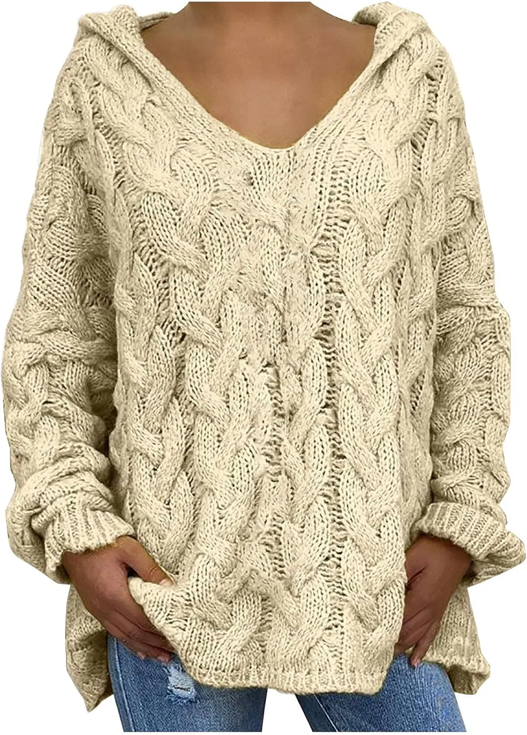 Oversized Sweaters Womens Chunky Cable Knit Pullover Hooded Sweaters V Neck Long Sleeve Loose Hoodies Knitwear Clothes